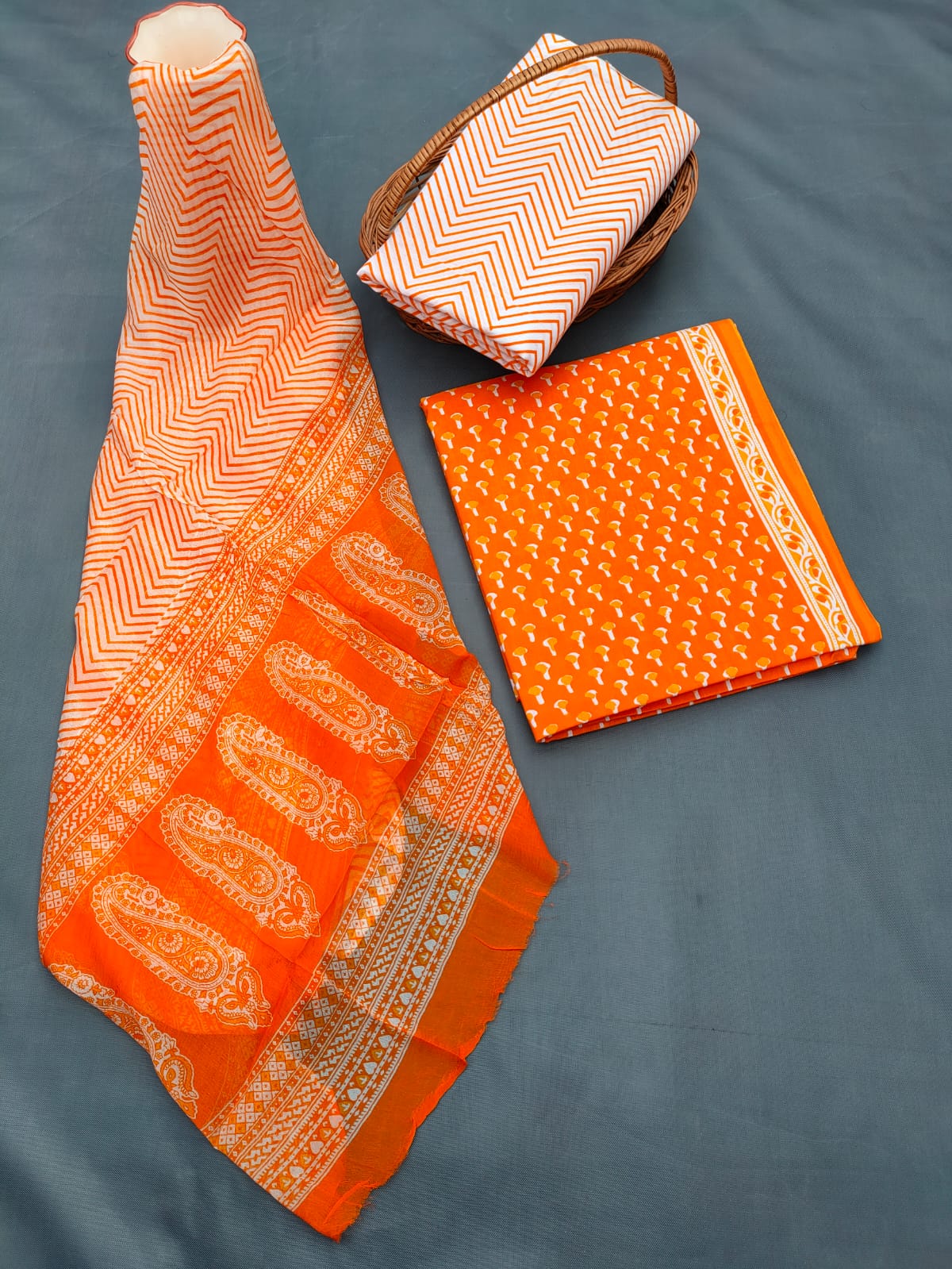 Hand Block Printed Unstitched Cotton Suit Set With Chiffon Dupatta - JB692