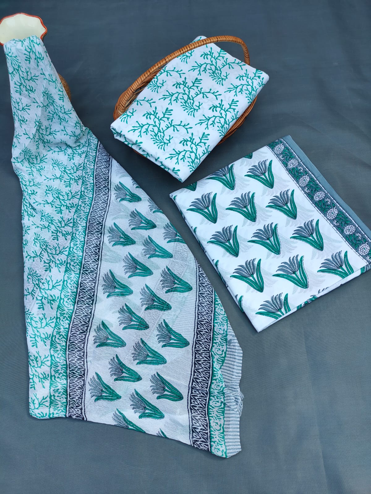 Jaipuri Hand Block Printed CottonUnstitched Salwar Suit with Chiffon Dupatta - JB696