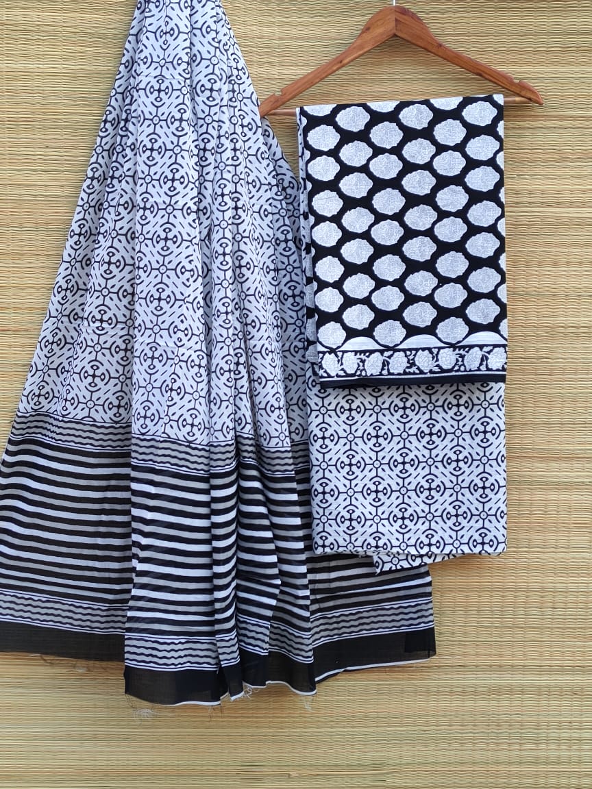 Hand Block Printed Pure Cotton Unstitched Salwar Suit Set With Cotton/Mulmul Dupatta - JB443
