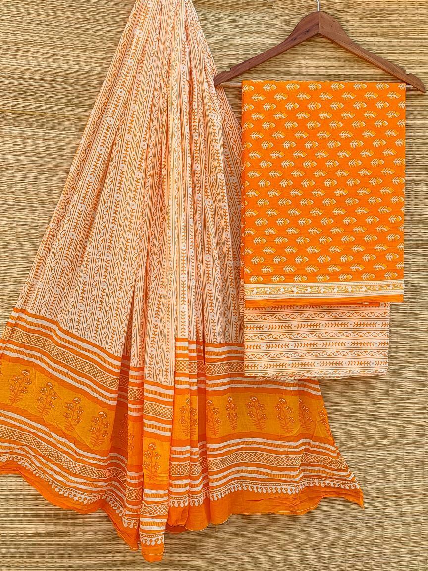 Hand Block Printed Pure Cotton Unstitched Salwar Suit Set With Cotton/Mulmul Dupatta - JBCM463