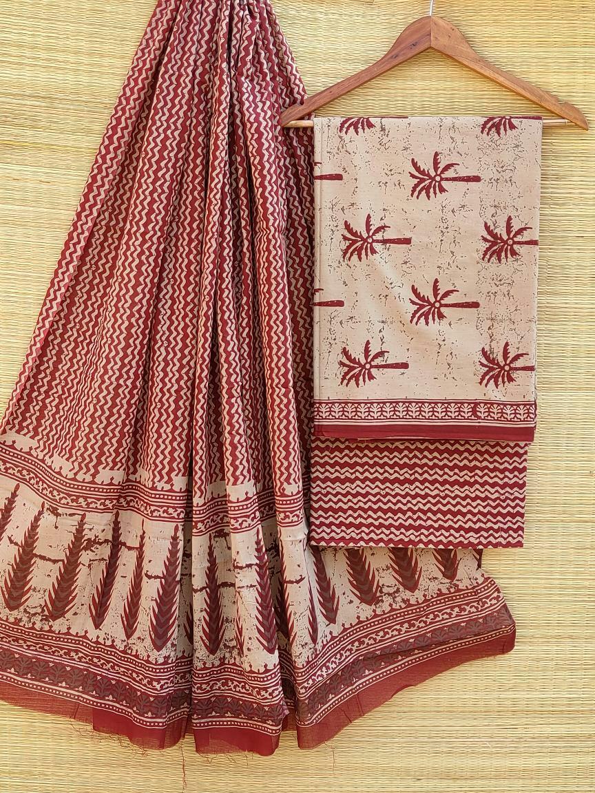 Pure Cotton Hand Block Printed Unstitched Salwar Suit Set With Cotton/Mulmul Dupatta - JBCM472