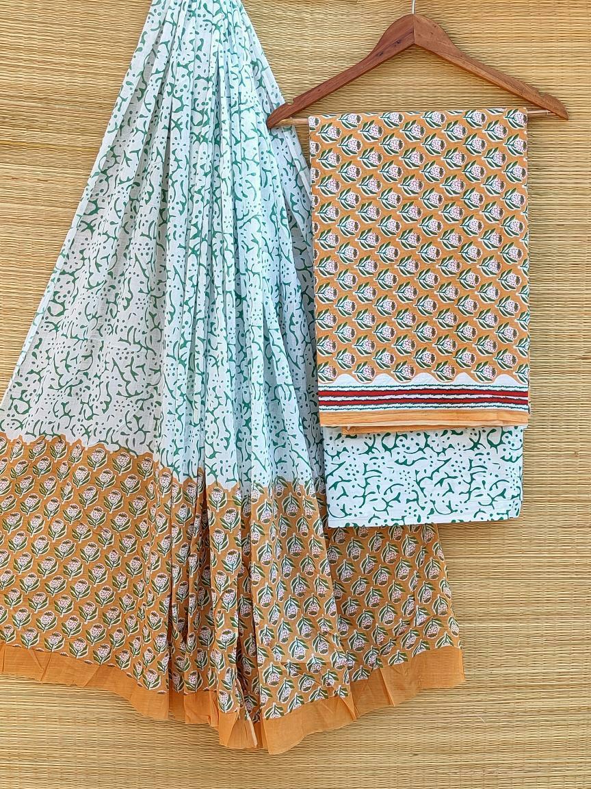 Pure Cotton Hand Block Printed Unstitched Salwar Suit Set With Cotton/Mulmul Dupatta - JBCM476
