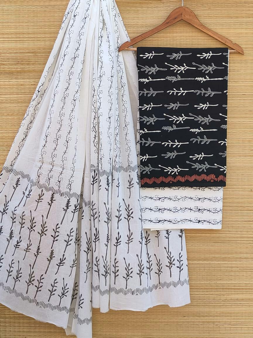 Hand Block Cotton Unstitched Salwar Suit With Cotton/Mulmul Dupatta - JBCM485