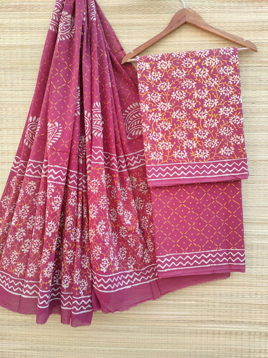 Hand Block Cotton Unstitched Salwar Suit With Cotton/Mulmul Dupatta - JBCM538