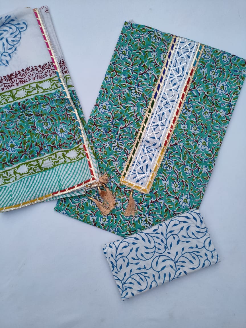 Hand Block Printed Gota Patti Suit With Cotton Dupatta- JBGP155