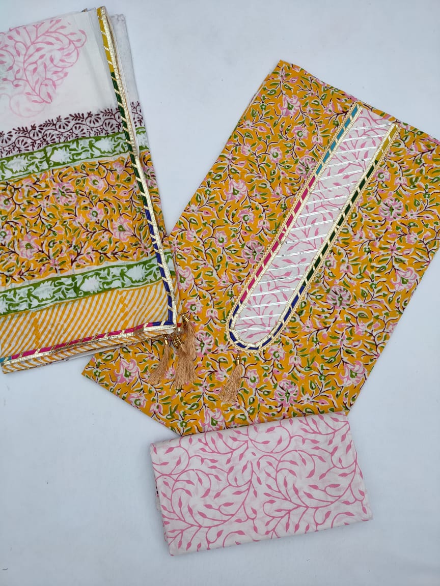 Cotton Hand Block Printed Gota Patti Suit with Cotton Dupatta- JBGP158
