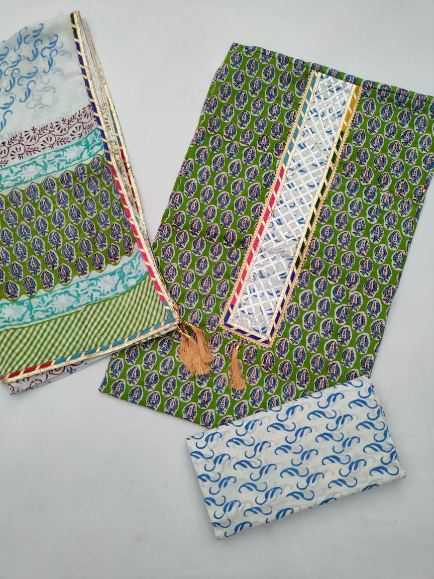 Jaipuri Cotton Hand Block Printed Gota Patti Suit with Cotton Dupatta- JBGP168