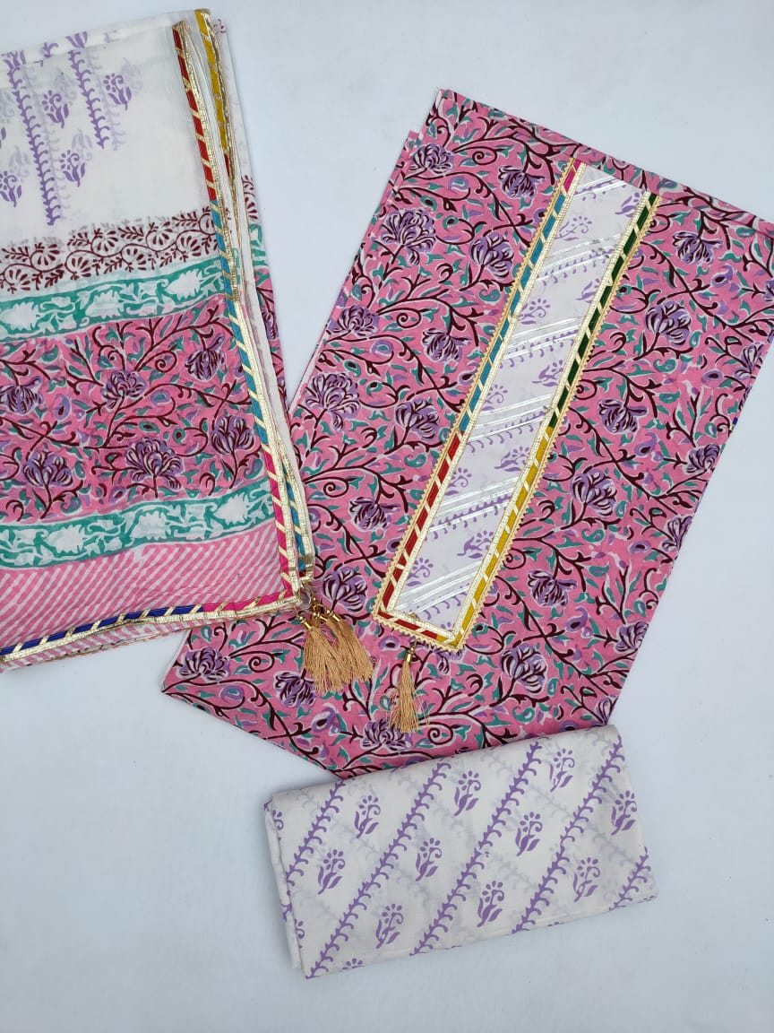 Hand Block Printed Gota Patti Suit With Cotton Dupatta- JBGP143