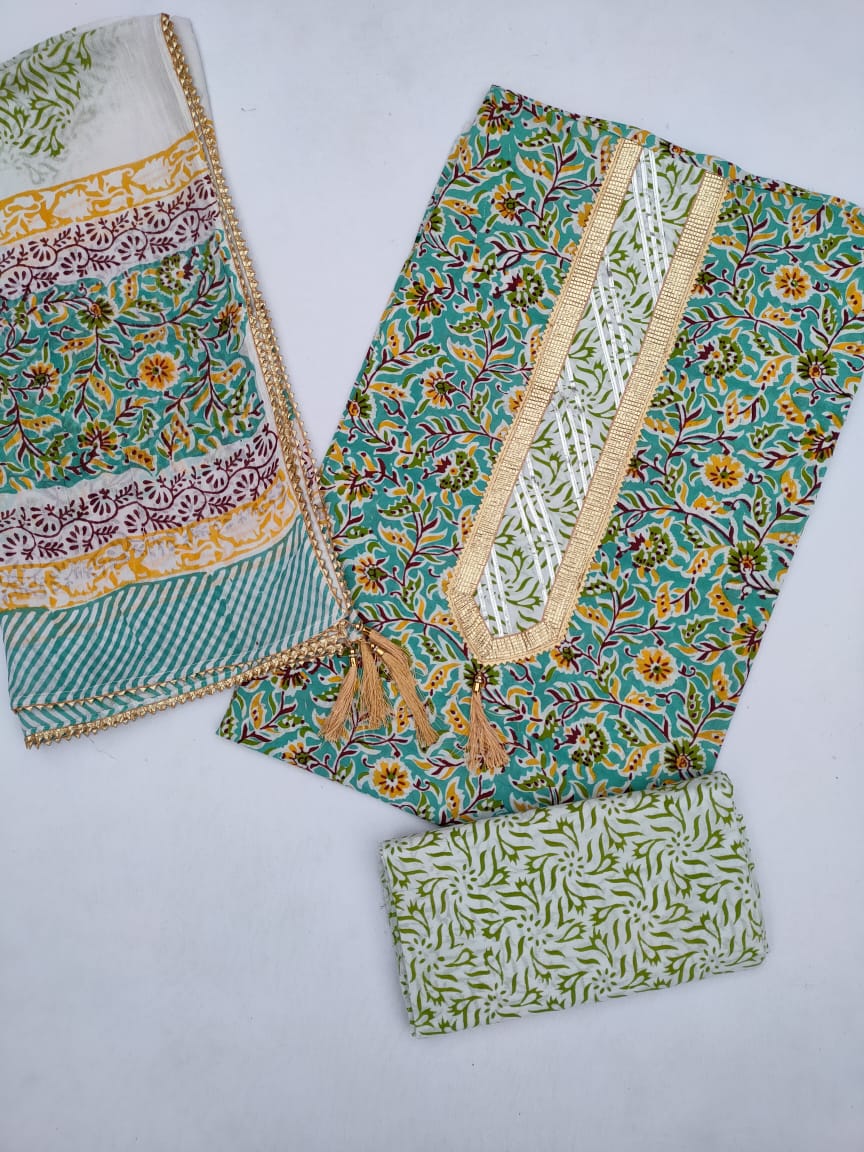 Jaipuri Cotton Hand Block Printed Gota Patti Suit with Cotton Dupatta- JBGP144