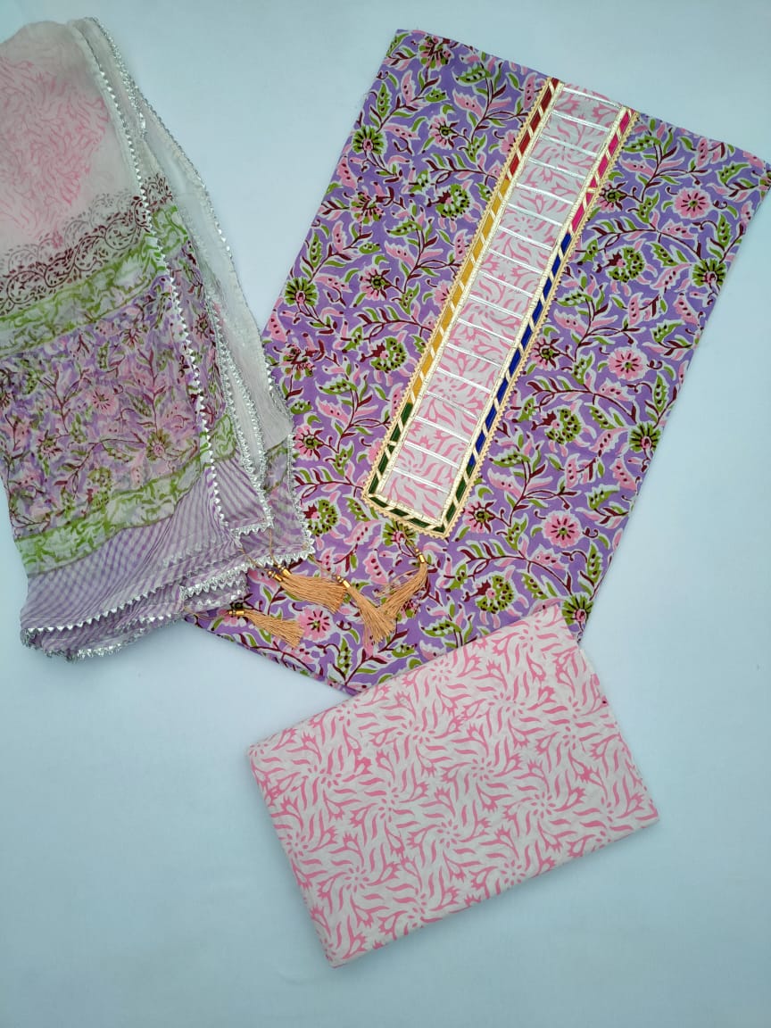 Jaipuri Cotton Hand Block Printed Gota Patti Suit with Chiffon Dupatta- JBGP98