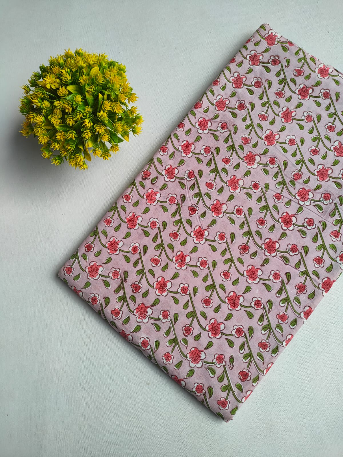 Light Pink Floral Vine Jaipuri Block Print Pure Cotton Fabric From Jaipur Bazar Tulsi Prints
