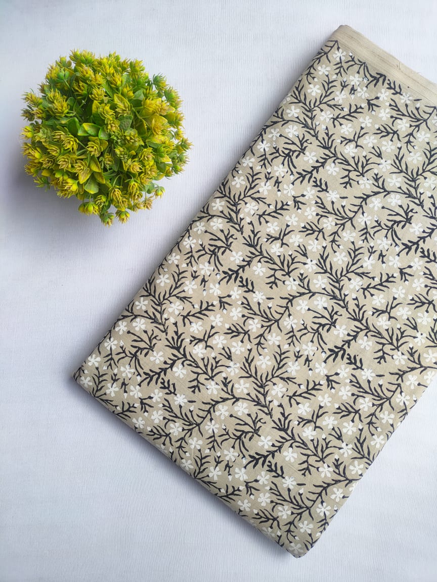 Beige Floral Sanganeri Block Print Cotton Fabric From Jaipur Bazar Tulsi Prints