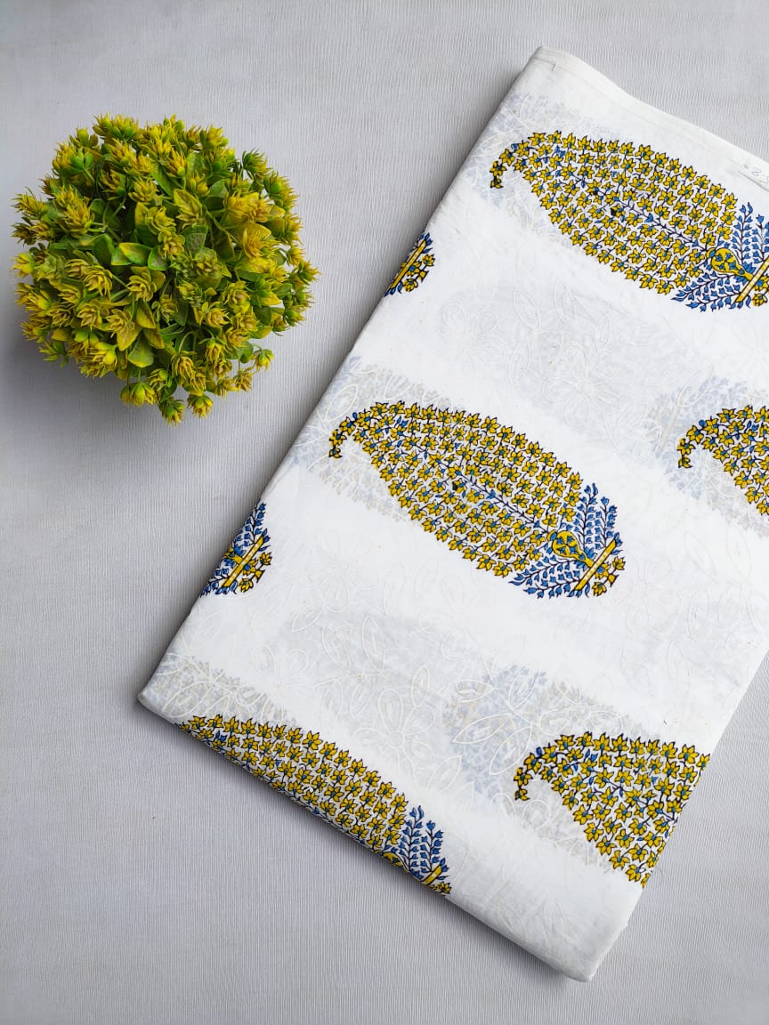 White Floral Sanganeri Block Print Cotton Fabric From Jaipur Bazar Tulsi Prints