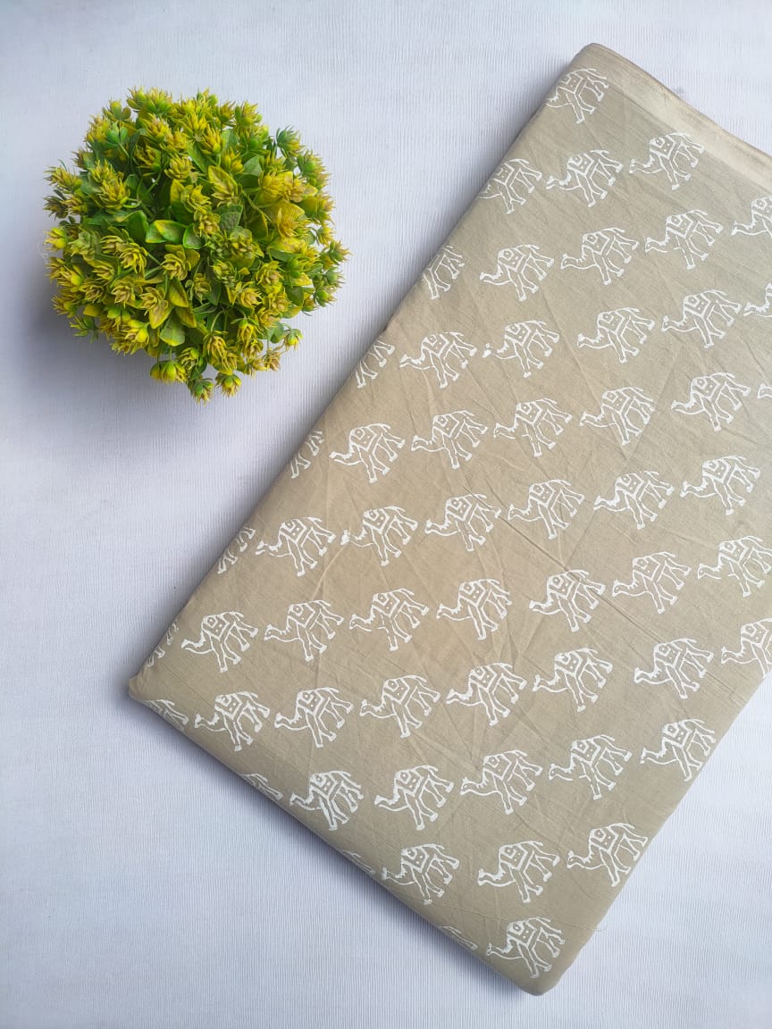 Beige Elephant Sanganeri Block Print Pure Cotton Fabric From Jaipur Bazar Tulsi Prints
