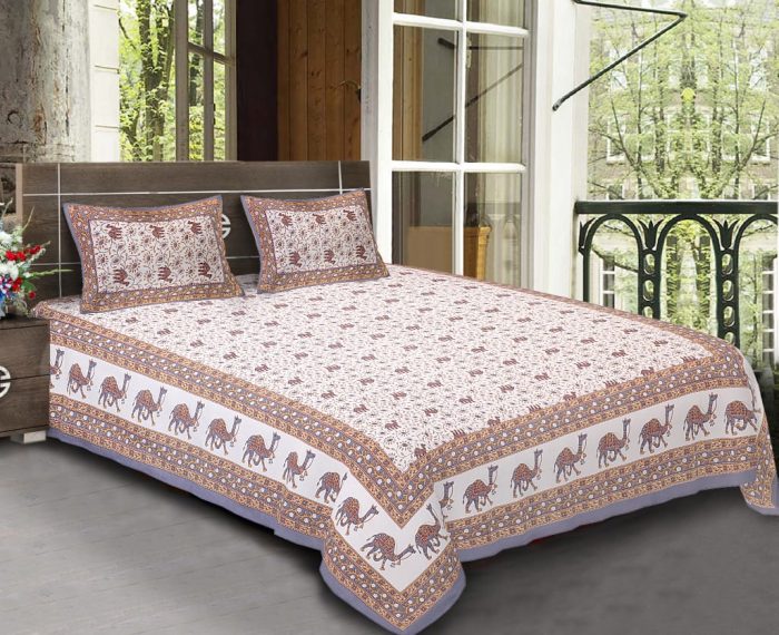 King Size Standard Cotton Camel Print Rajasthani Bedsheet With Pillow Covers For Double Bed