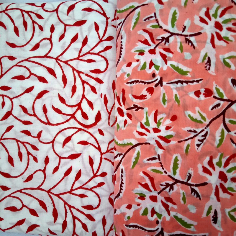 Colorfull Peach Jaal Pattern Block Print Cotton Jaipuri Suits with Chiffon Dupatta - JB111