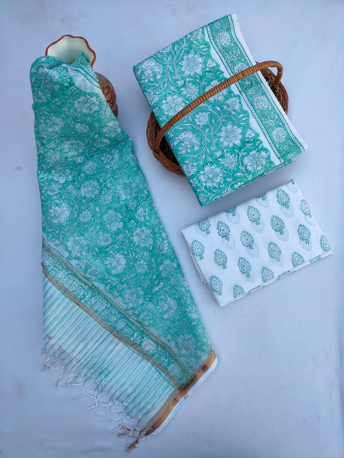 Kota Doriya Dupatta With Hand Block Printed Cotton Top-Bottom Salwar Suit Set - JBKD247