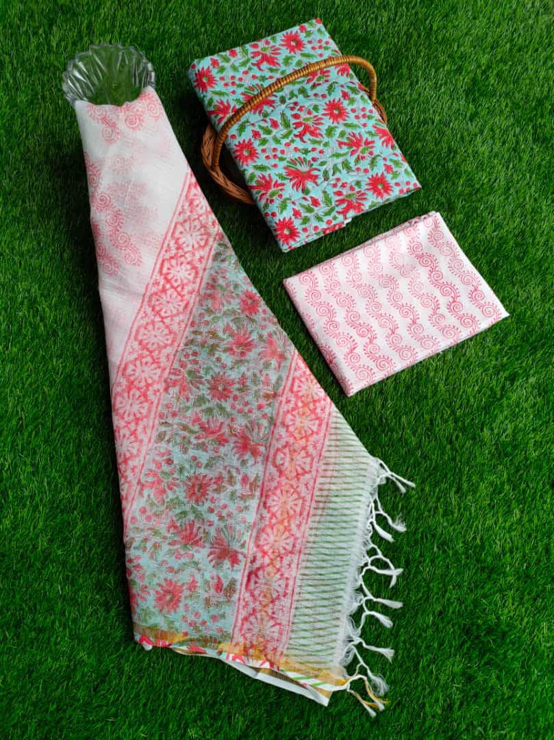 Kota Doriya Dupatta With Hand Block Printed Cotton Top-Bottom Salwar Suit Set - JBKD233