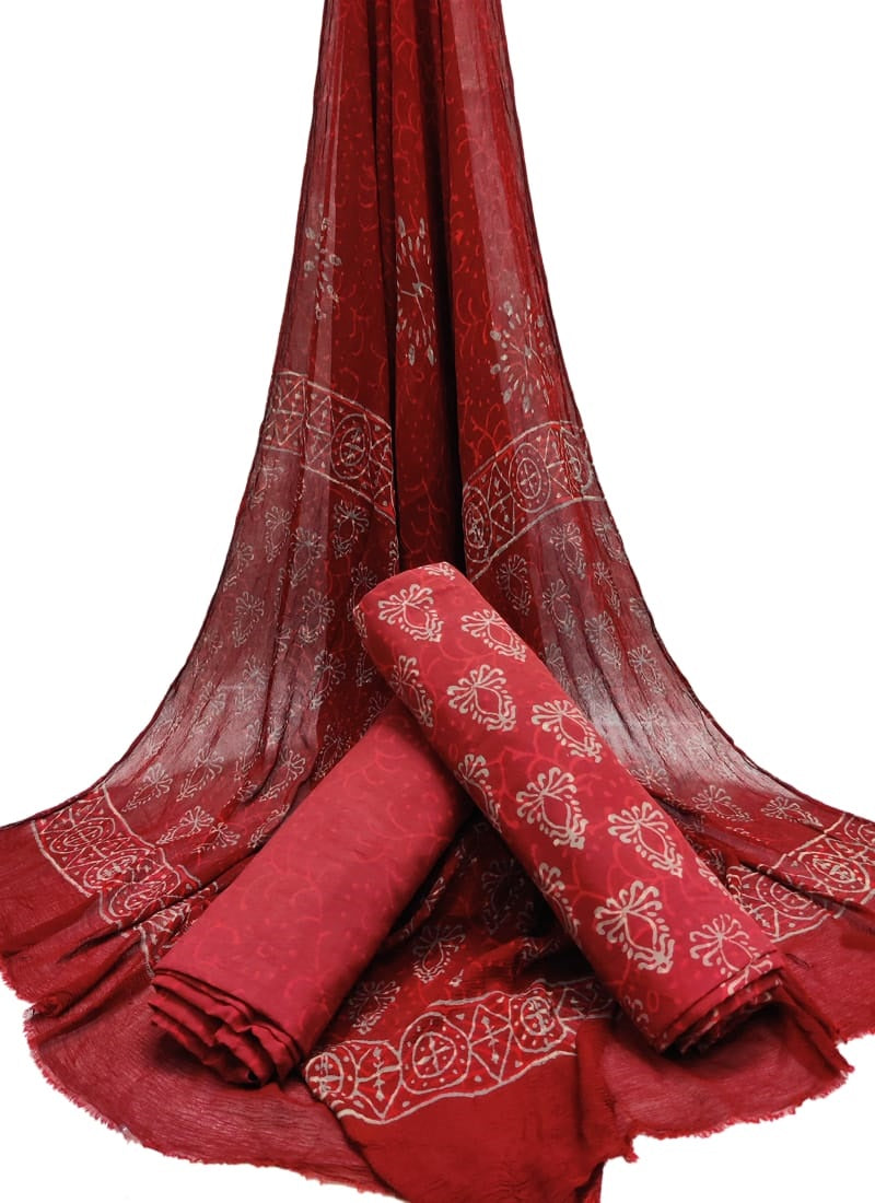 Hand Block Printed Unstitched Cotton Suit Set With Chiffon Dupatta - JBCF899