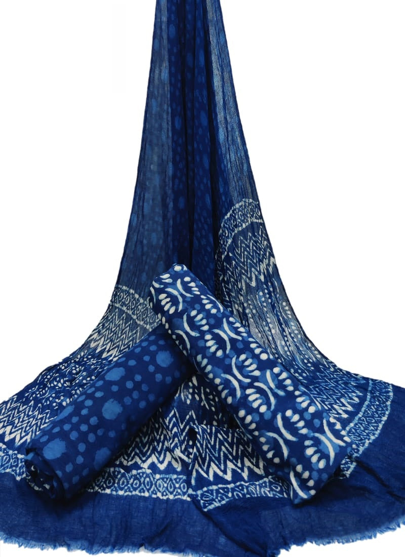 Hand Block Printed CottonUnstitched Salwar Suit with Chiffon Dupatta - JBCF912