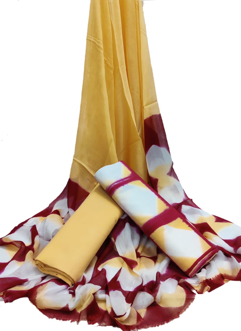 Unstitched Hand Block Printed Cotton Suit With Chiffon Dupatta - JBCF916