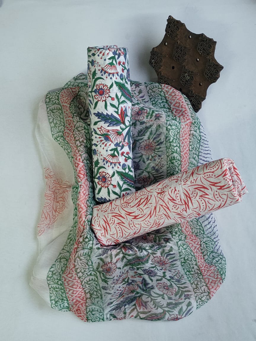Hand Block Printed Unstitched Cotton Suit Set With Chiffon Dupatta - JBCF809