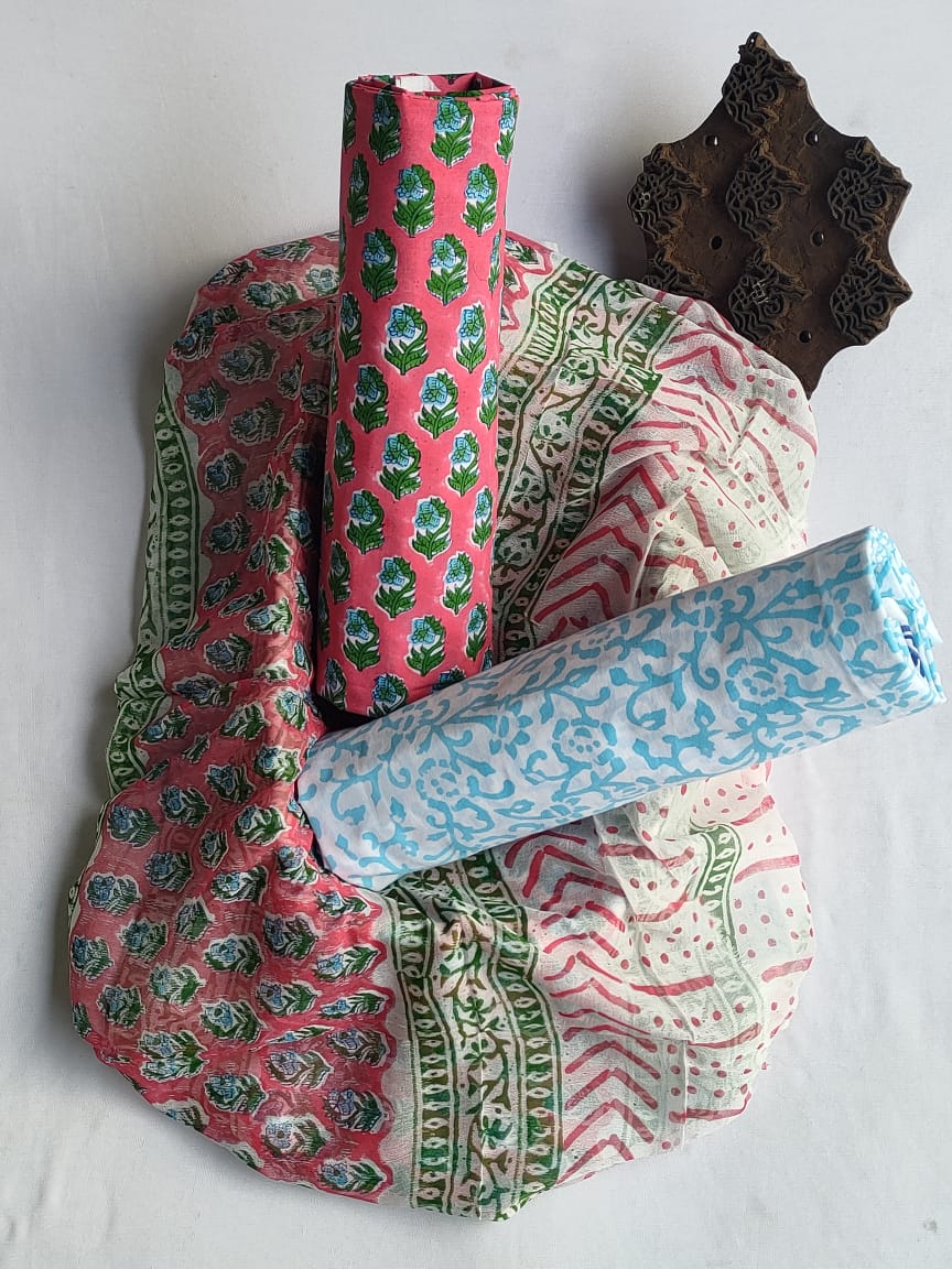 Unstitched Hand Block Printed Cotton Suit With Chiffon Dupatta - JBCF814
