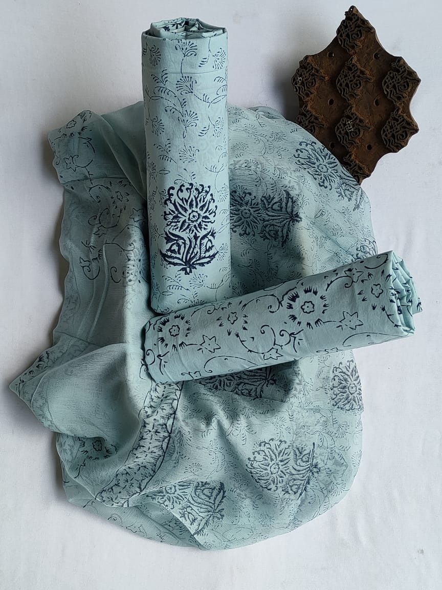 Hand Block Printed Unstitched Cotton Suit Set With Chiffon Dupatta - JBCF818