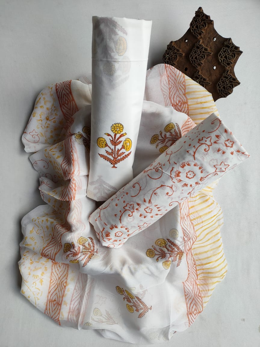 Unstitched Hand Block Printed Cotton Suit With Chiffon Dupatta - JBCF832