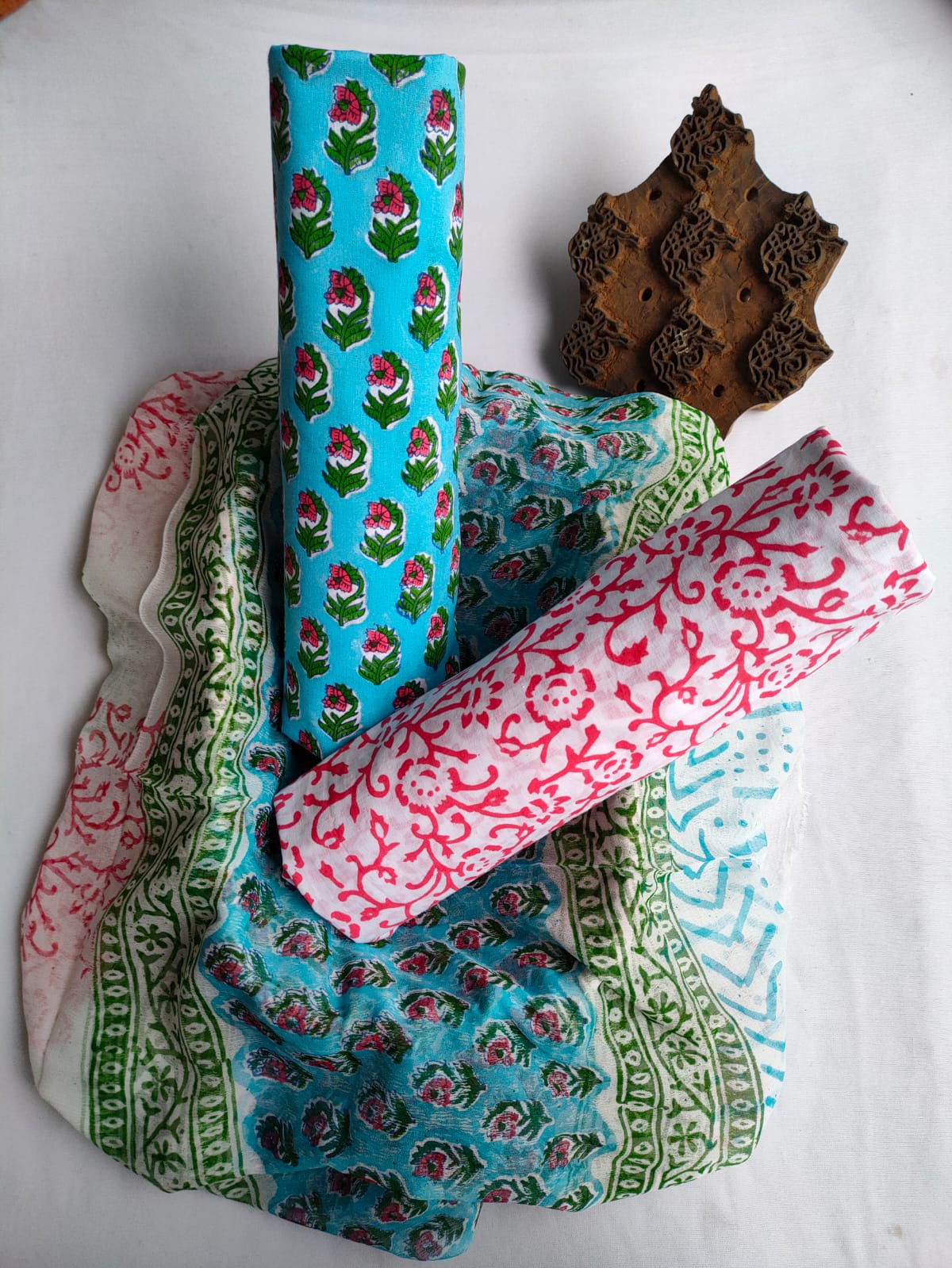 Unstitched Hand Block Printed Cotton Suit With Chiffon Dupatta - JBCF844