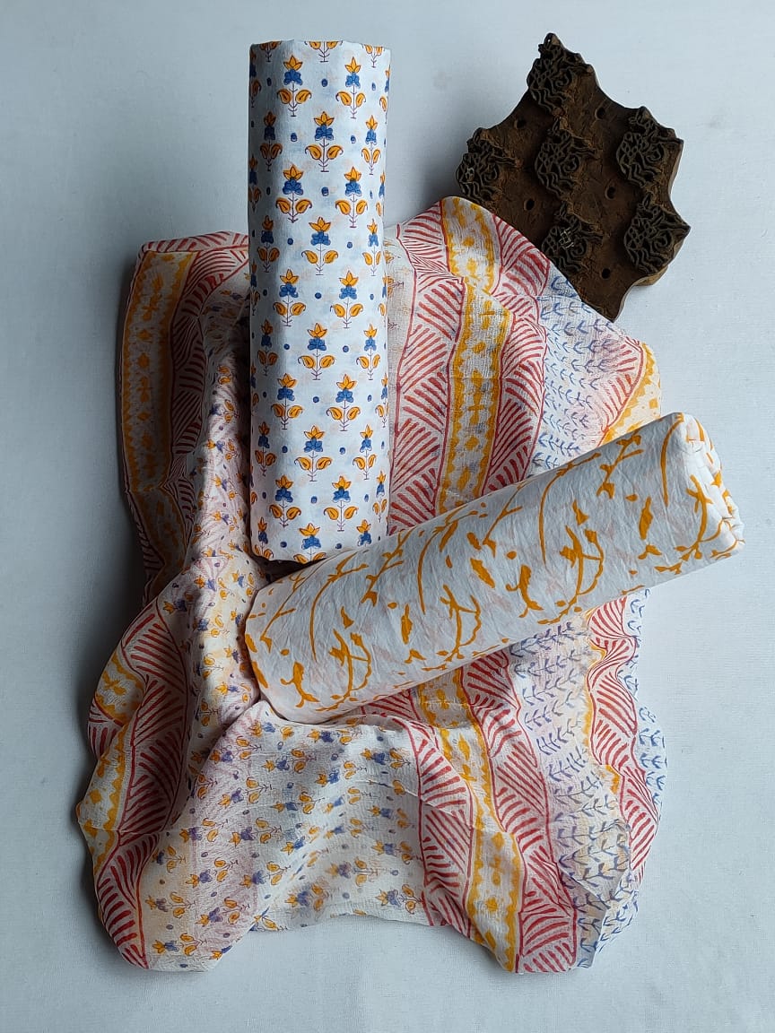 Hand Block Printed CottonUnstitched Salwar Suit with Chiffon Dupatta - JBCF855