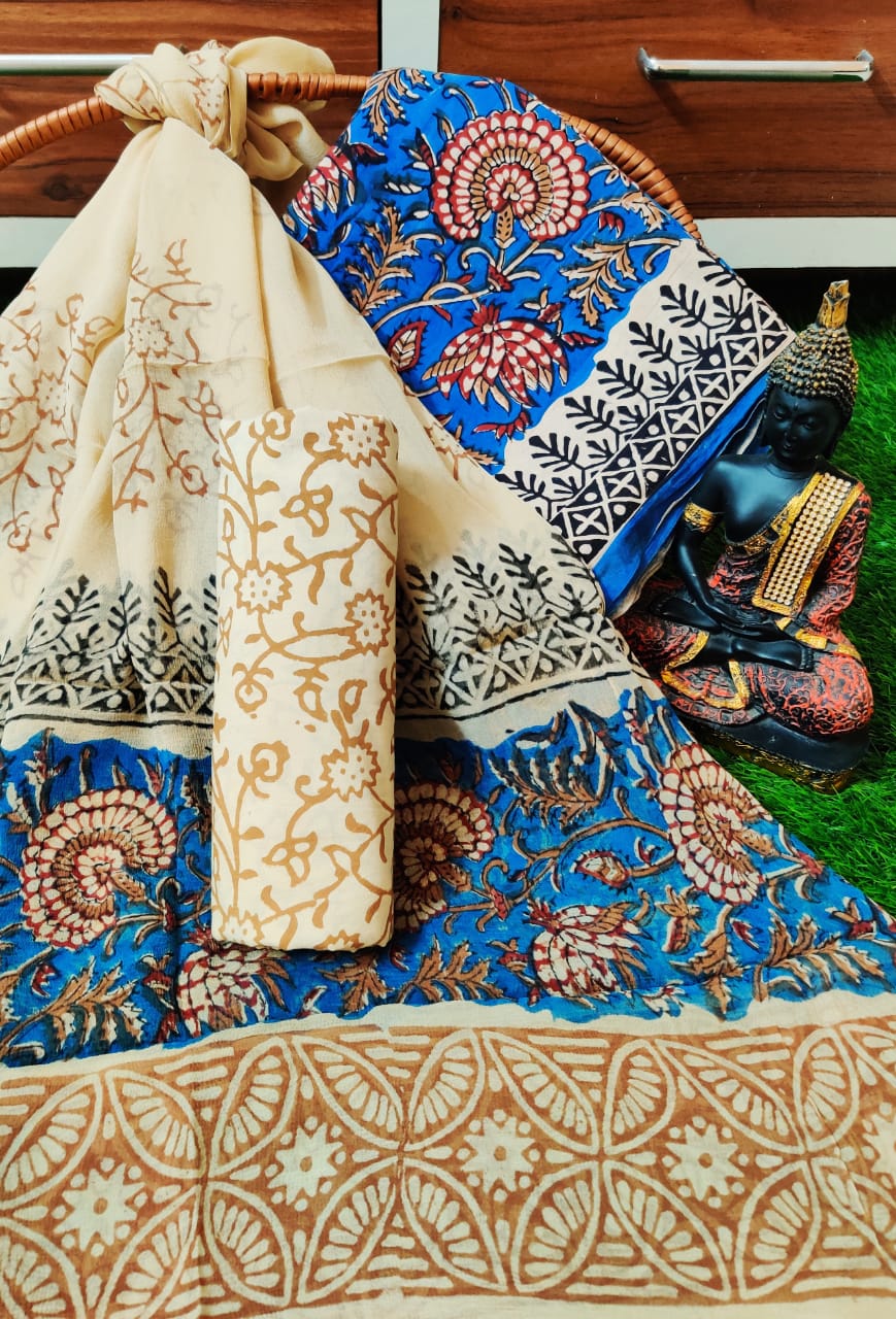 Unstitched Hand Block Printed Cotton Suit With Chiffon Dupatta - JBCF871