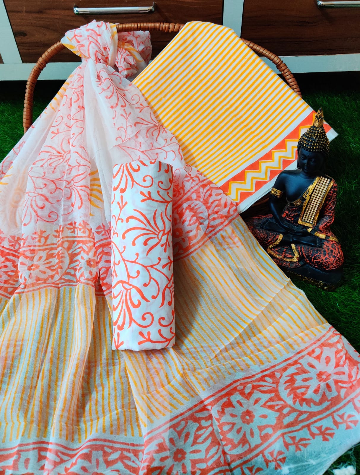 Hand Block Printed CottonUnstitched Salwar Suit with Chiffon Dupatta - JBCF879