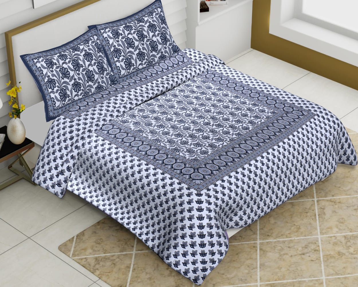 Cotton Jumbo Size 108"x108" Bedsheet With 2 Pillow Covers - JBNBJ44