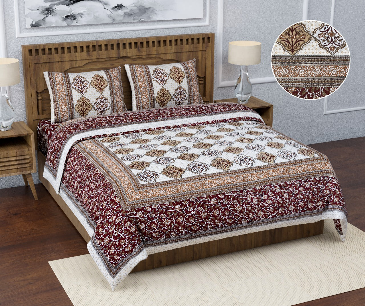 100% Pure Cotton King Size Double Bedsheet With 2 Pillow Covers ( 100 X 108 Inches ) - JBNBK19