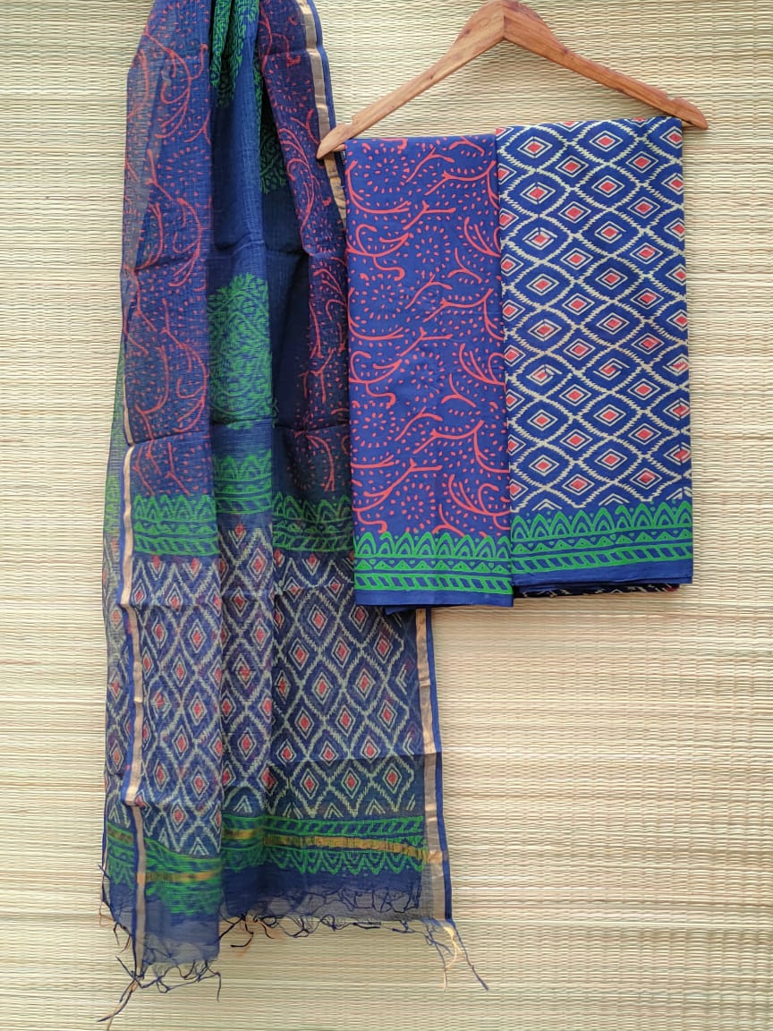 Kota Doriya Dupatta With Hand Block Printed Cotton Top-Bottom Salwar Suit Set - JBKD92