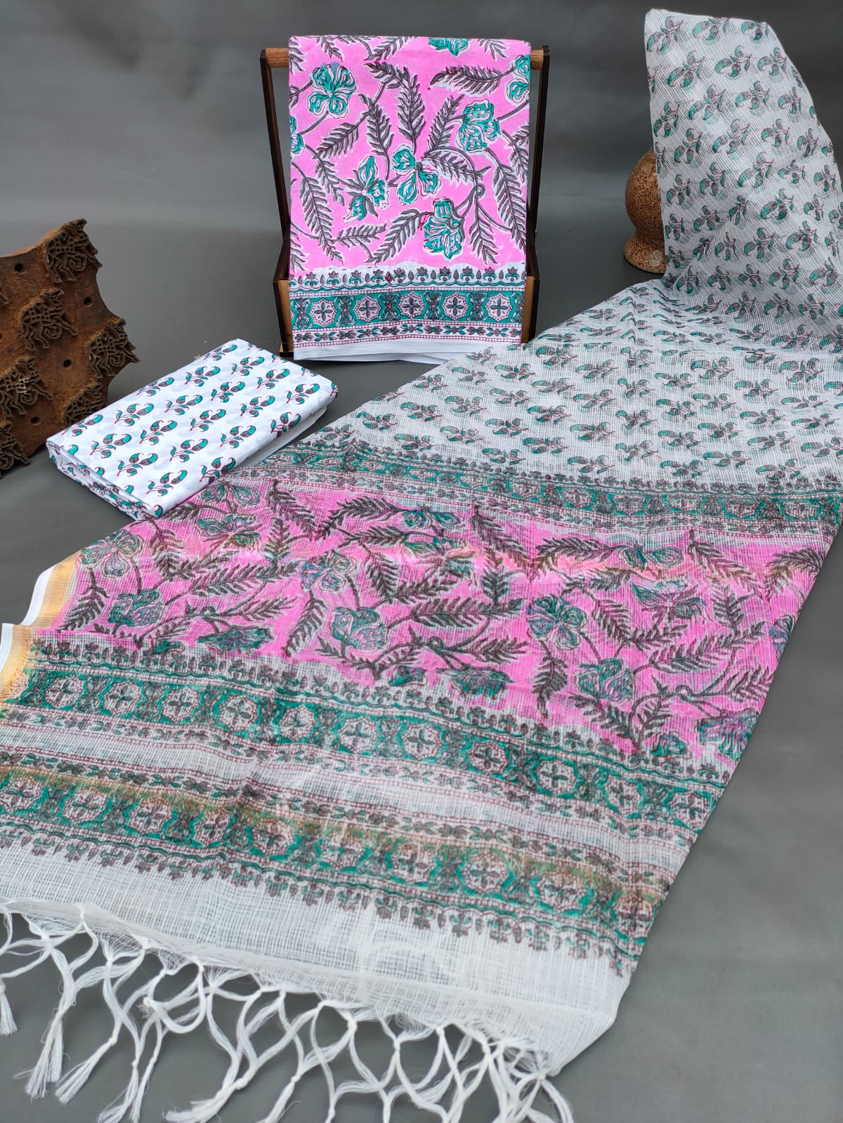 Kota Silk Dupatta With Hand Block Printed Cotton Top-Bottom Salwar Suit Set - JBKD147