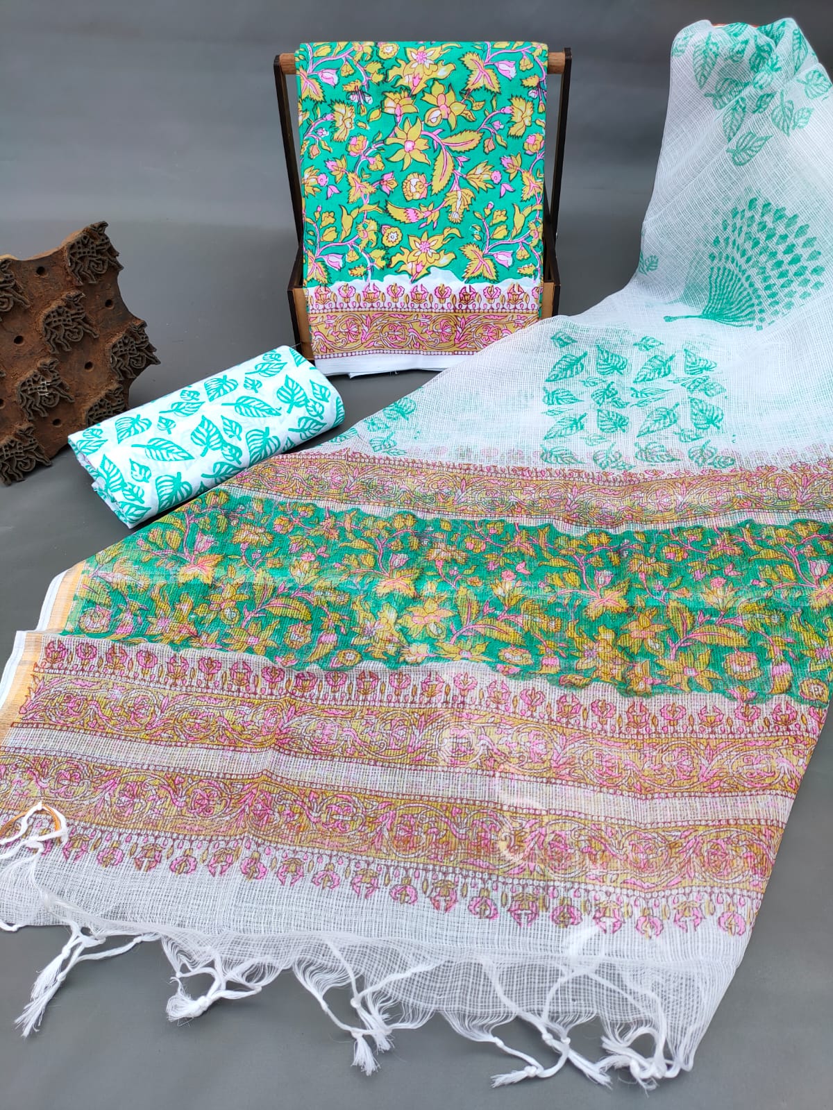 Kota Silk Dupatta With Hand Block Printed Cotton Top-Bottom Salwar Suit Set - JBKD153