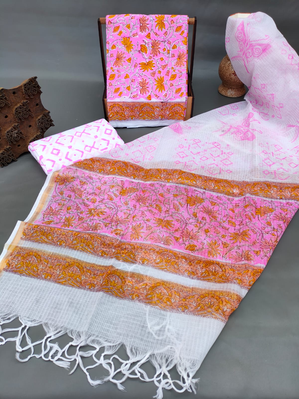 HandBlock Kota Silk Dupatta With Cotton Top And Bottom Salwar Suit Set - JBKD154