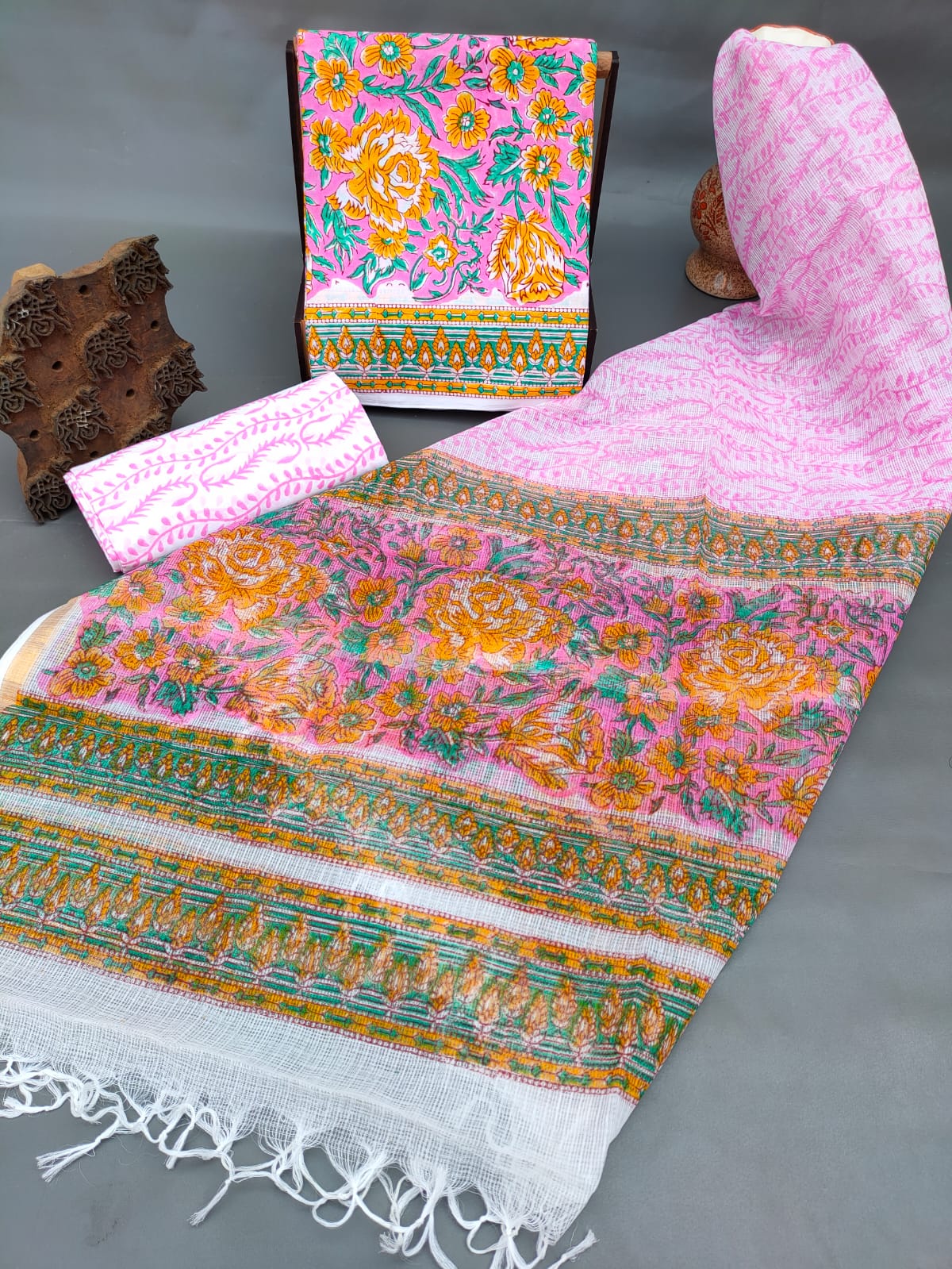 Kota Silk Dupatta With Hand Block Printed Cotton Top-Bottom Salwar Suit Set - JBKD183