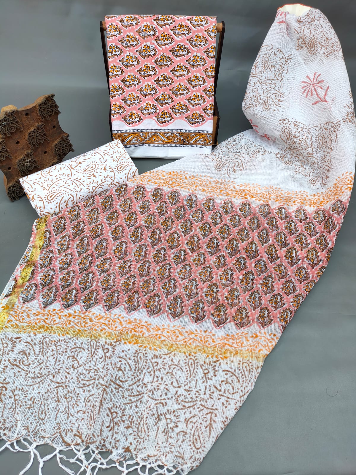 Bagru Print Hand Block Kota Silk Dupatta With Cotton Top Bottom Salwar Suit Set - JBKD191