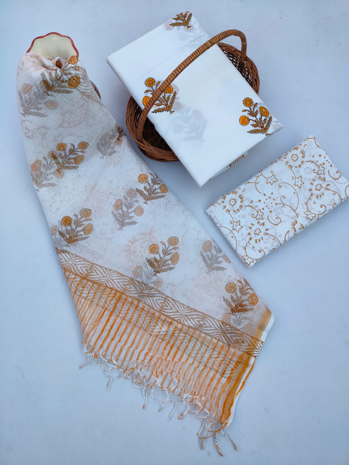Kota Doriya Dupatta With Hand Block Printed Cotton Top-Bottom Salwar Suit Set - JBKD199