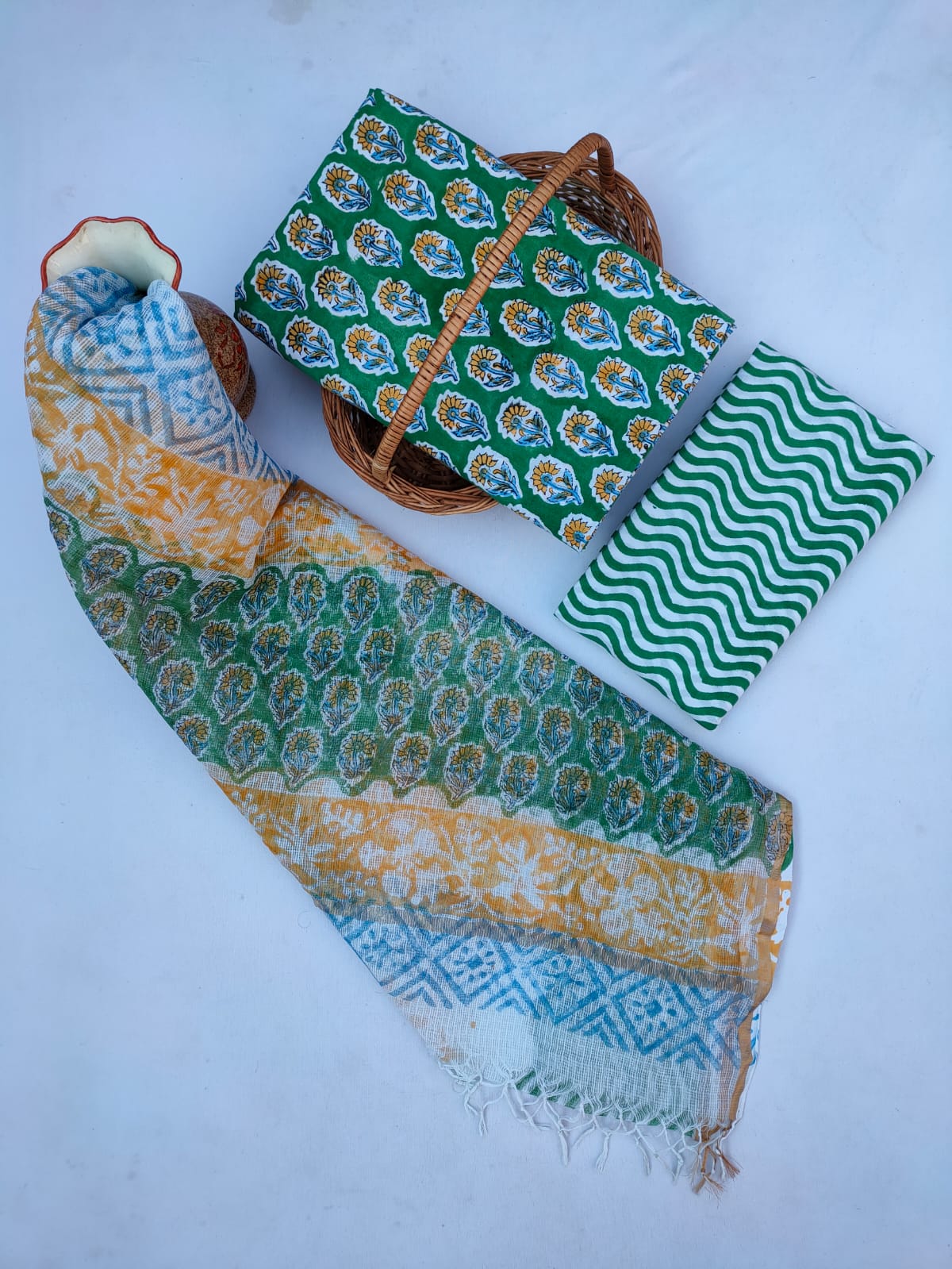 Kota Doriya Dupatta With Hand Block Printed Cotton Top-Bottom Salwar Suit Set - JBKD215