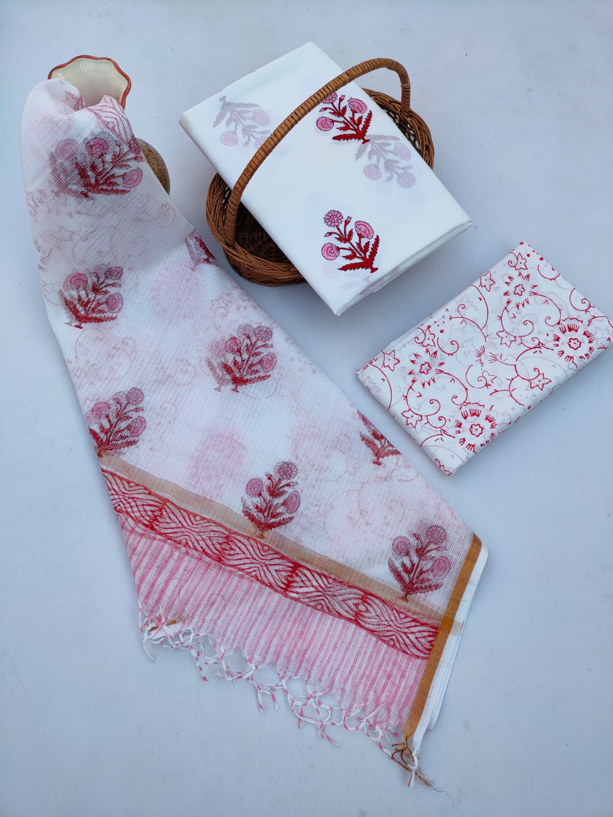 HandBlock Kota Doriya Dupatta With Cotton Top And Bottom Salwar Suit Set - JBKD228