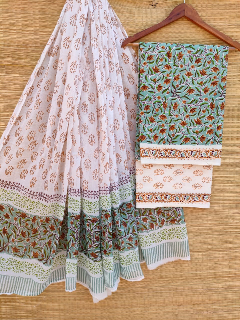 Hand Block Printed Pure Cotton Unstitched Salwar Suit Set With Cotton/Mulmul Dupatta - JBCM702