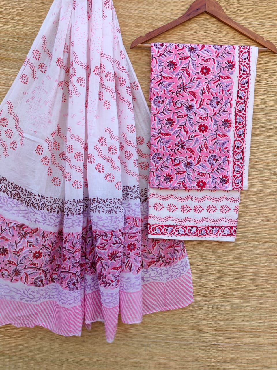 Hand Block Cotton Unstitched Salwar Suit With Cotton/Mulmul Dupatta - JBCM728
