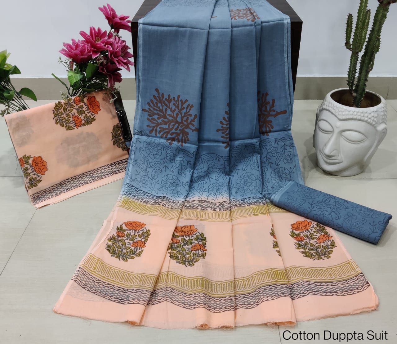 Pure Cotton Hand Block Printed Unstitched Salwar Suit Set With Cotton/Mulmul Dupatta - JBCM683