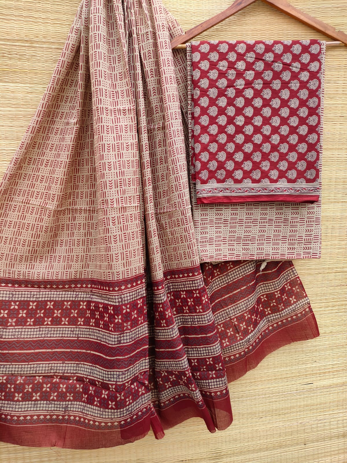 Pure Cotton Hand Block Unstitched Salwar Suit Set With Cotton/Mulmul Dupatta - JBCM805