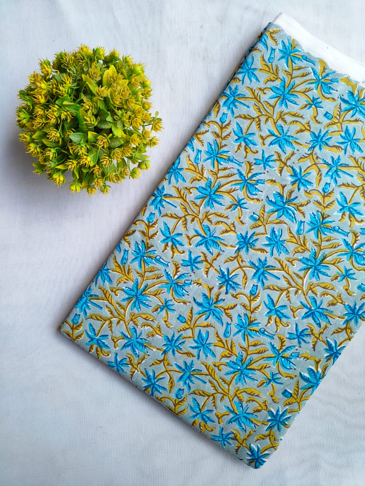 Sky Blue Floral Sanganeri Hand Block Print Cotton Fabric From Jaipur Bazar Tulsi Prints