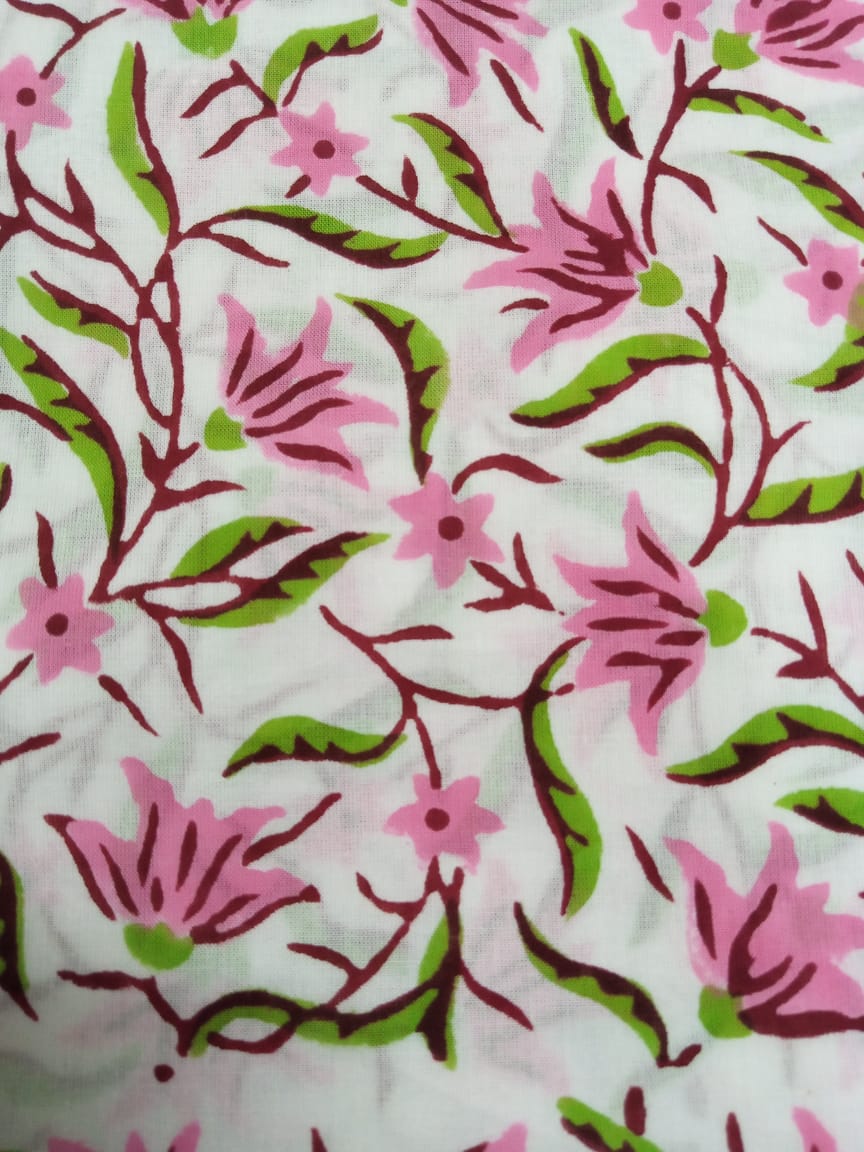 Pink & Green Florals White Base Pure Cotton Hand Block Printed Fabric - JBR51